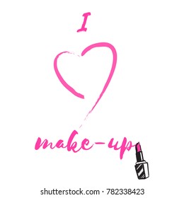 Makeup artist banner. Vector template.business concept. Lipstick with smear. Text I love makeup. Beauty logo. Fashion illustration