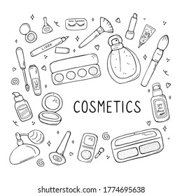 Makeup artist and beauty salon professional kit collection. Beauty sketch background. Illustration of cosmetic and fashion. Hand drawn doodle vector