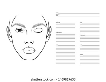 Makeup Artist Blank Template. Face chart template for professional makeup artist. Product list. Vector illustration