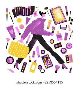 Makeup artist with brushes and suitcase, tools and cosmetics. Isolated character and objects. Flat style illustrations