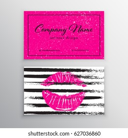 Makeup artist business card. Business cards template with pink lips print. Design Templates for Brochures, Flyers, Mobile Technologies and Online Services