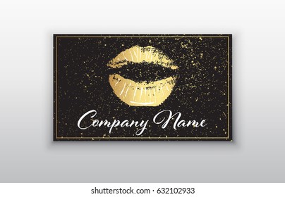 Makeup Artist Business Card. Business Cards Template With Gold Lips Print And Black Brush