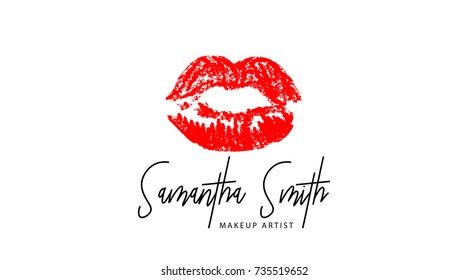 Makeup artist business card. Business cards template with red trace kiss lips print. Elegant fashion design cards. Isolated vector.