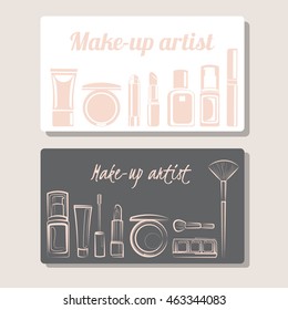 Makeup artist business card. Hand drawn illustrations (brush, pencil, eyeshadow, lipstick and mascara)