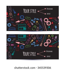 Makeup artist business card. Invitation template with beauty items - brush, pen, eyeshadow, lipstick, mascara. Vector design for beauty bloggers, salons, shops, artists, hairdressers, stylists