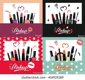 Makeup artist business card sketch. Vector template with items pattern - brush, pencil, eyeshadow, lipstick and mascara. Fashion and beauty background.