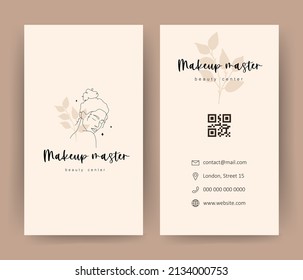Makeup artist business card. Template with abstract woman face. Hand drawn outline female silhouette. Vector illustration in one line style. Concept for beauty studio, visage, cosmetics label.
