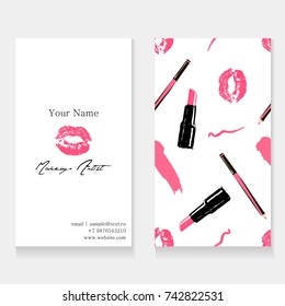 Makeup artist business card template. Cosmetics seamless pattern background: pink imprint of lips kissing, lipstick, lip liner and trace from pencil. Cosmetics banner set. Vector beauty illustration