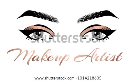 Makeup artist business card template. Vector hand drawn illustration of colorful women eyes with bronze metallic make-up. Concept for beauty salon, cosmetics label, visage and makeup.