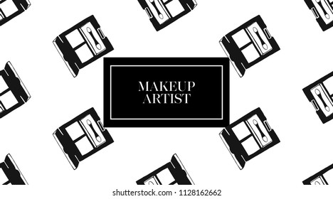 Makeup artist business card. Vector template with makeup seamless pattern: Eye shadow palette with applicator. Makeup Decorative cosmetic. Professional eye shadows. Concept for fashion blogs, magazine