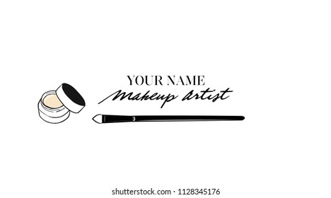 Makeup artist business card. Vector template with face cosmetic: Foundation concealer cream and black makeup brush. Beauty Logo Design Template