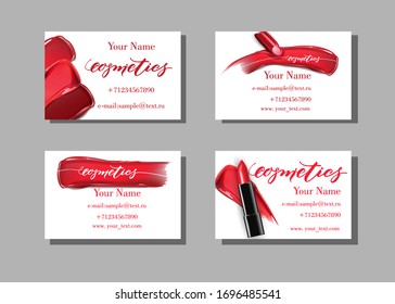 Make-up artist business card. Vector template with a drawing of makeup elements-lipstick smears. Fashion and beauty background. Template vector.