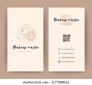 Makeup artist business card. Vector template with linear woman face. Hand drawn outline female silhouette. One line style. Logo for beauty studio or visage salon.
