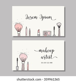 Makeup artist business card. Vector template with makeup items pattern - brush, pencil, eyeshadow, lipstick and mascara