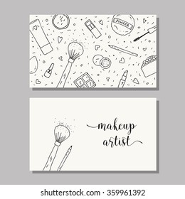 Makeup artist business card. Vector template with makeup items pattern - brush, powder, blush, puff, eyeshadow, lipstick, nail polish, mascara and mirror