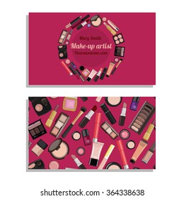 Makeup artist business card. Vector template with makeup items pattern - brush, pencil, eyeshadow, lipstick and mascara