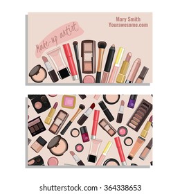 Makeup artist business card. Vector template with makeup items pattern - brush, pencil, eyeshadow, lipstick and mascara