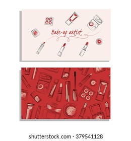 Makeup artist business card. Vector template with makeup items pattern - brush, pencil, eyeshadow, lipstick and mascara. Hand drawn illustrations.