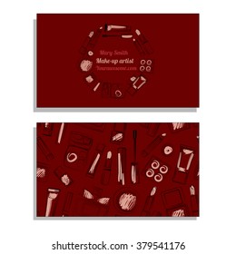Makeup artist business card. Vector template with makeup items pattern - brush, pencil, eyeshadow, lipstick and mascara.Hand drawn illustrations.