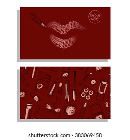 Makeup artist business card. Vector template with makeup items pattern - brush, pencil, eyeshadow, lipstick and mascara. Hand drawn illustrations.