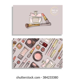 Makeup artist business card. Vector template with makeup items pattern - brush, pencil, eyeshadow, lipstick and mascara. Hand drawn illustrations.. Hand-drawn illustration. Vector eps10.