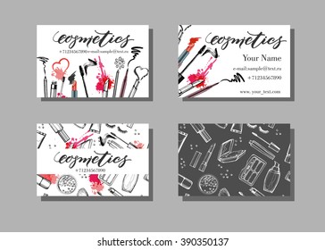 Makeup artist business card. Vector template with makeup items pattern - brush, pencil, eyeshadow, lipstick and mascara. Fashion and beauty background. Template Vector.