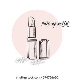 Makeup artist business card. Vector template with makeup items pattern - brush, pencil, eyeshadow, lipstick and mascara. Hand drawn illustrations.