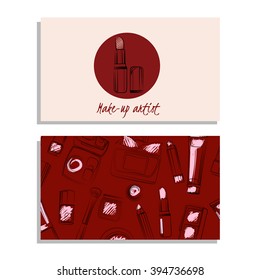 Makeup artist business card. Vector template with makeup items pattern - brush, pencil, eyeshadow, lipstick and mascara. Hand drawn illustrations.