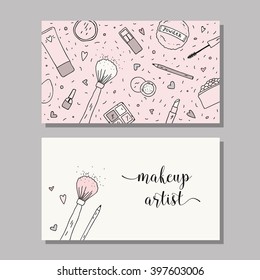 Makeup artist business card. Vector template with makeup items pattern - brush, powder, blush, puff, eyeshadow, lipstick, nail polish, mascara and mirror