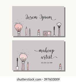 Makeup artist business card. Vector template with makeup items pattern - brush, pencil, eyeshadow, lipstick and mascara