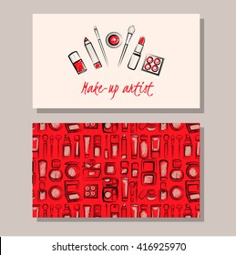 Makeup artist business card. Vector template with makeup items pattern -powder, concealer, brushes, eyeshadow, lipstick and mascara. Hand drawn illustrations.