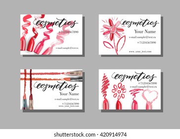 Makeup artist business card. Vector template with makeup items pattern - lipstick. Fashion and beauty background. Template Vector.