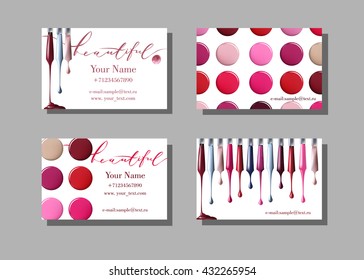 Makeup artist business card. Vector template with makeup items pattern   nail Polish. Fashion and beauty background. Template Vector.