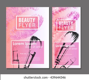Makeup artist business card. Vector template with watercolor lips, lipstick and brush for beauty salon.