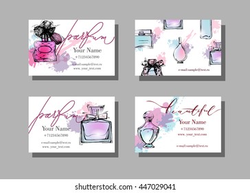 Makeup artist business card. Vector template with Beautiful perfume bottle . Fashion and beauty background.