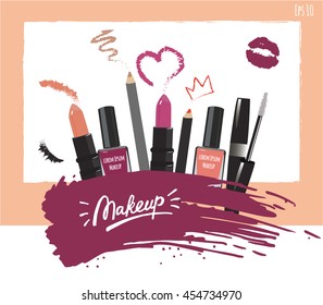 Makeup artist business card. Vector template with items pattern - brush, pencil, eyeshadow, lipstick and mascara. Fashion and beauty background. 