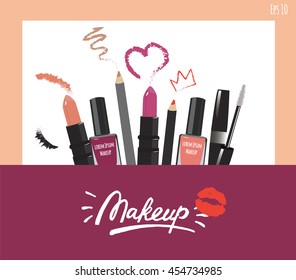 Makeup artist business card. Vector template with items pattern - brush, pencil, eyeshadow, lipstick and mascara. Fashion and beauty background.