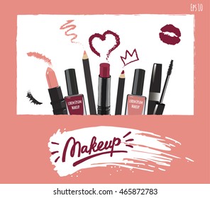 Makeup artist business card. Vector template with items pattern - brush, pencil, eyeshadow, lipstick and mascara. Fashion and beauty background.