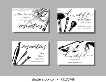 Makeup artist business card. Vector template with makeup items pattern - brush, pencil, eyeshadow, lipstick and mascara. Fashion and beauty background. Template Vector.