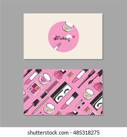 Makeup artist business card. Vector template design with brush, pencil, eyeshadow, lipstick, nail polish and mascara