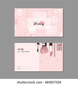 Makeup artist business card. Vector template design with brush, pencil, eyeshadow, lipstick, nail polish and mascara