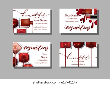 Makeup artist business card. Vector template with makeup items pattern nail Polish. Fashion and beauty background. Template Vector.