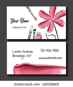 Makeup artist business card. Vector template with makeup items pattern - Smears lipstick. 