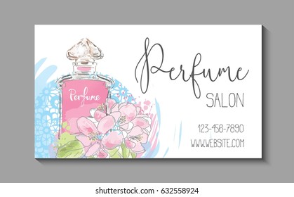 Makeup artist business card. Vector template with Beautiful perfume bottle. 