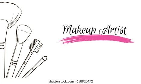 Makeup artist business card. Vector template with makeup items brushes makeup and pink Smear a brush grunge