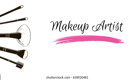 Makeup artist business card. Vector template with makeup items brushes makeup and pink Smear a brush grunge