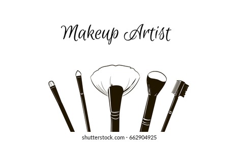 Makeup artist business card. Vector template with makeup items black fashion brushes makeup.