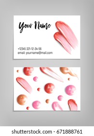Makeup artist business card. Vector template with lipstick and ip gloss smears. Fashion and beauty background. Template Vector.