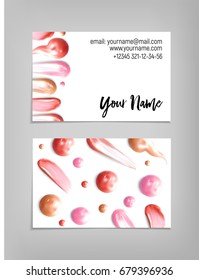 Makeup artist business card. Vector template with lipstick and ip gloss smears. Fashion and beauty background. Template Vector.