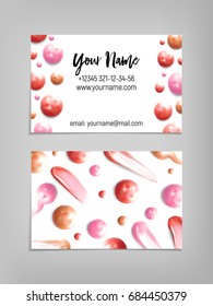 Makeup artist business card. Vector template with lipstick and ip gloss smears. Fashion and beauty background. Template Vector.
